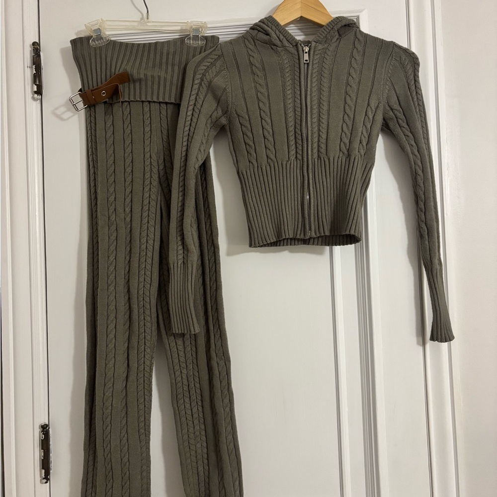 Olive Green Cable Knit Hoodie and Pants Set